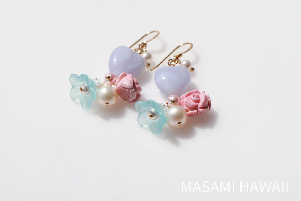Mermaid Heart Flower earrings (water Blue white)☆マーメイドのハートとお花のピアス（ブルーと水色）