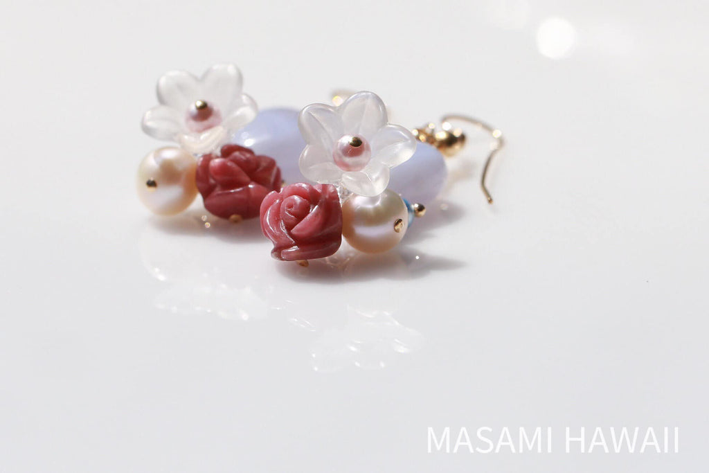 Mermaid Heart Flower earrings (Blue white)☆マーメイドのハートとお花のピアス（ブルーと白色）