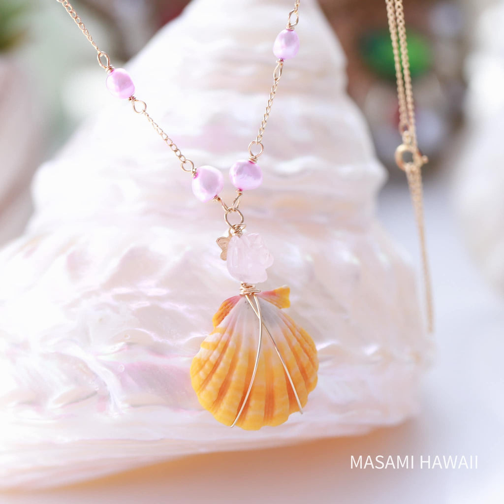 Hawaiian Sunriseshell pink rose mermaid necklace☆ハワイのサンライズシェルとピンクローズのマーメイドネックレス