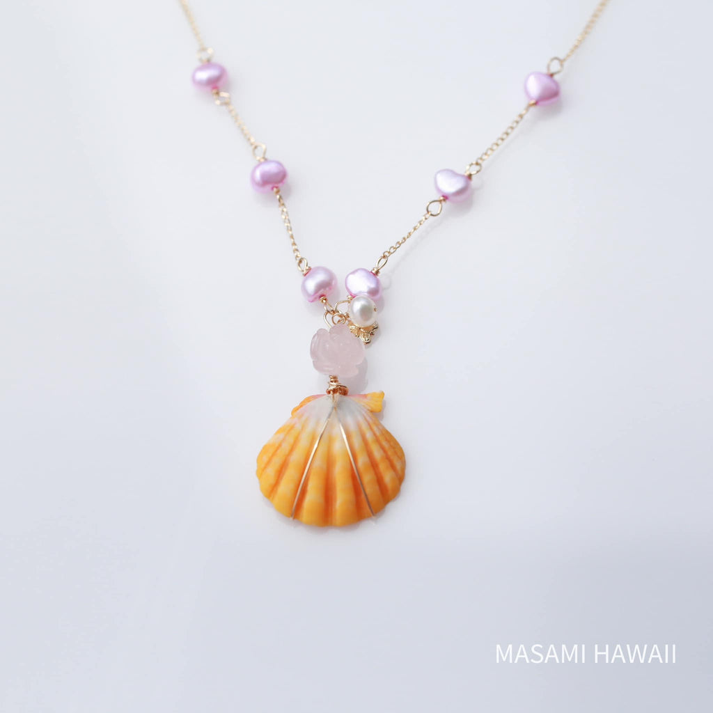 Hawaiian Sunriseshell pink rose mermaid necklace☆ハワイのサンライズシェルとピンクローズのマーメイドネックレス