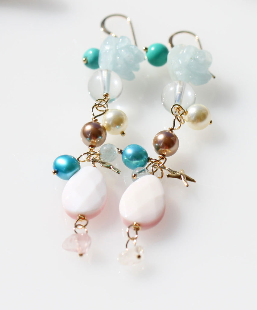 Aquamarin Rose and turquoise mermaid earrings ☆アクアマリンバラ☆ターコイズ☆マーメイドピアス