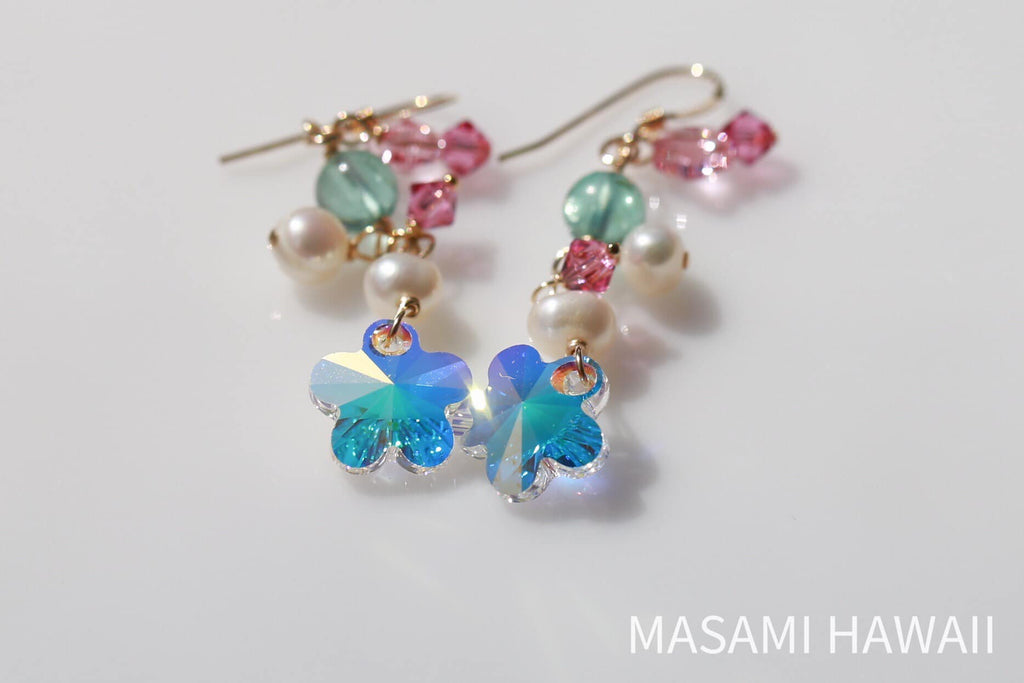 Blue amber flower mermaid earrrings☆ブルーアンバーのフラワーマーメイドピアス