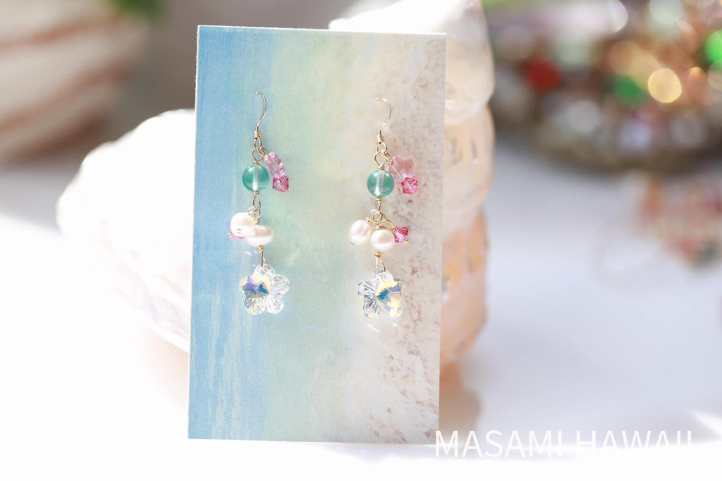 Blue amber flower mermaid earrrings☆ブルーアンバーのフラワーマーメイドピアス