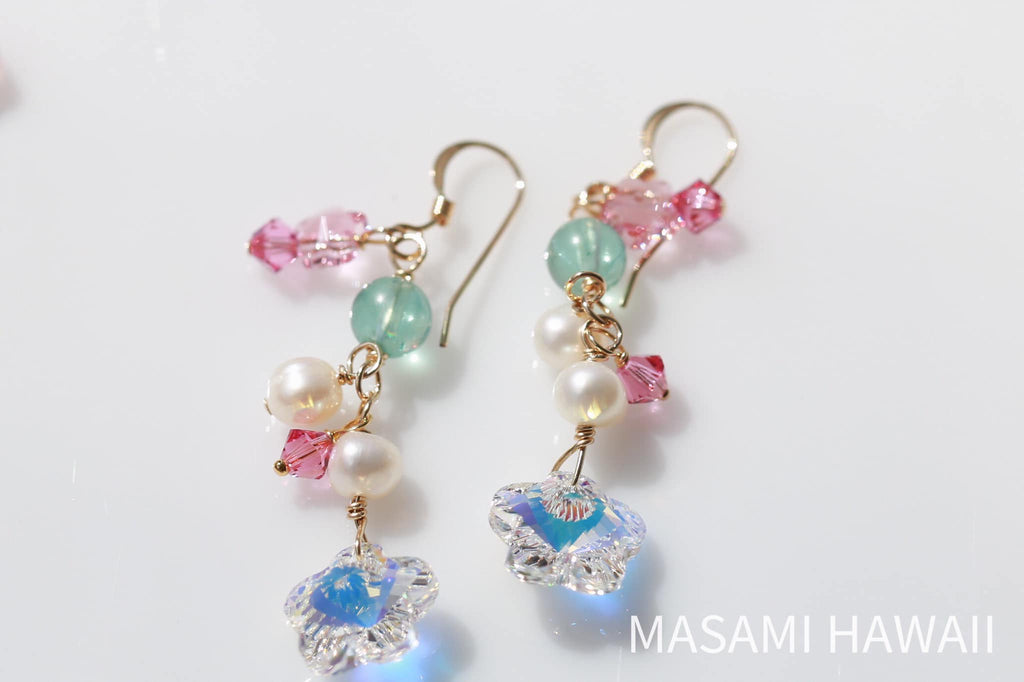 Blue amber flower mermaid earrrings☆ブルーアンバーのフラワーマーメイドピアス