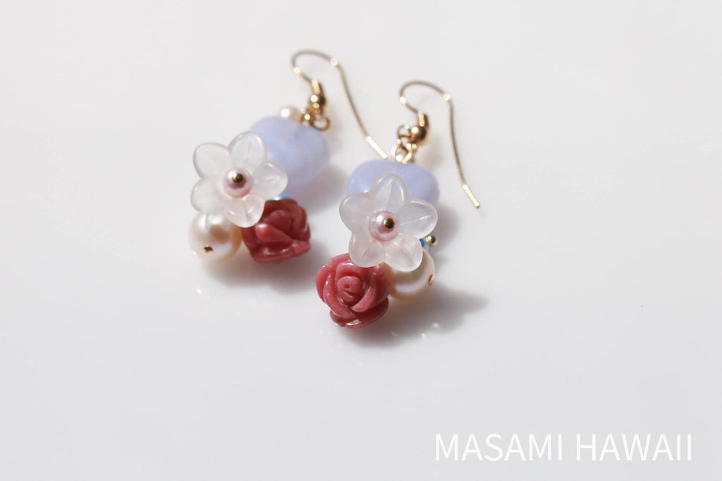 Mermaid Heart Flower earrings (Blue white)☆マーメイドのハートとお花のピアス（ブルーと白色）
