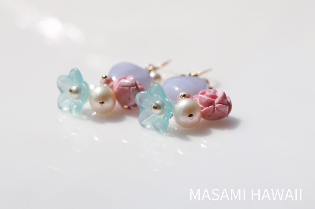 Mermaid Heart Flower earrings (water Blue white)☆マーメイドのハートとお花のピアス（ブルーと水色）