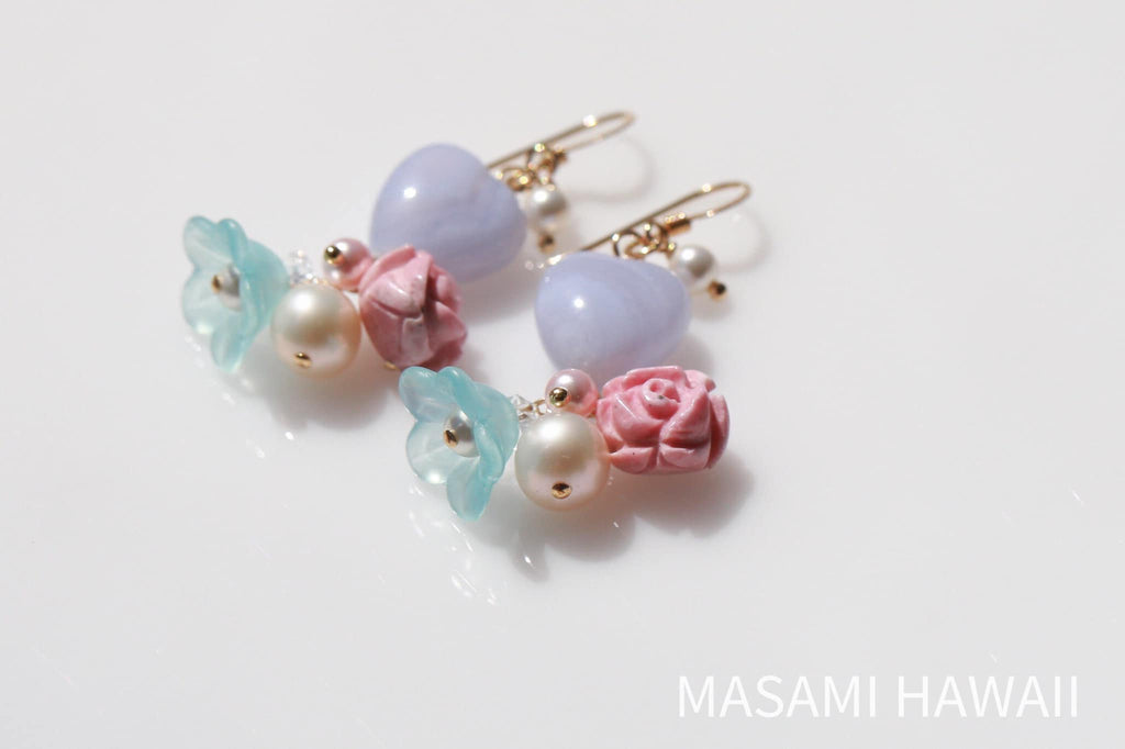 Mermaid Heart Flower earrings (water Blue white)☆マーメイドのハートとお花のピアス（ブルーと水色）