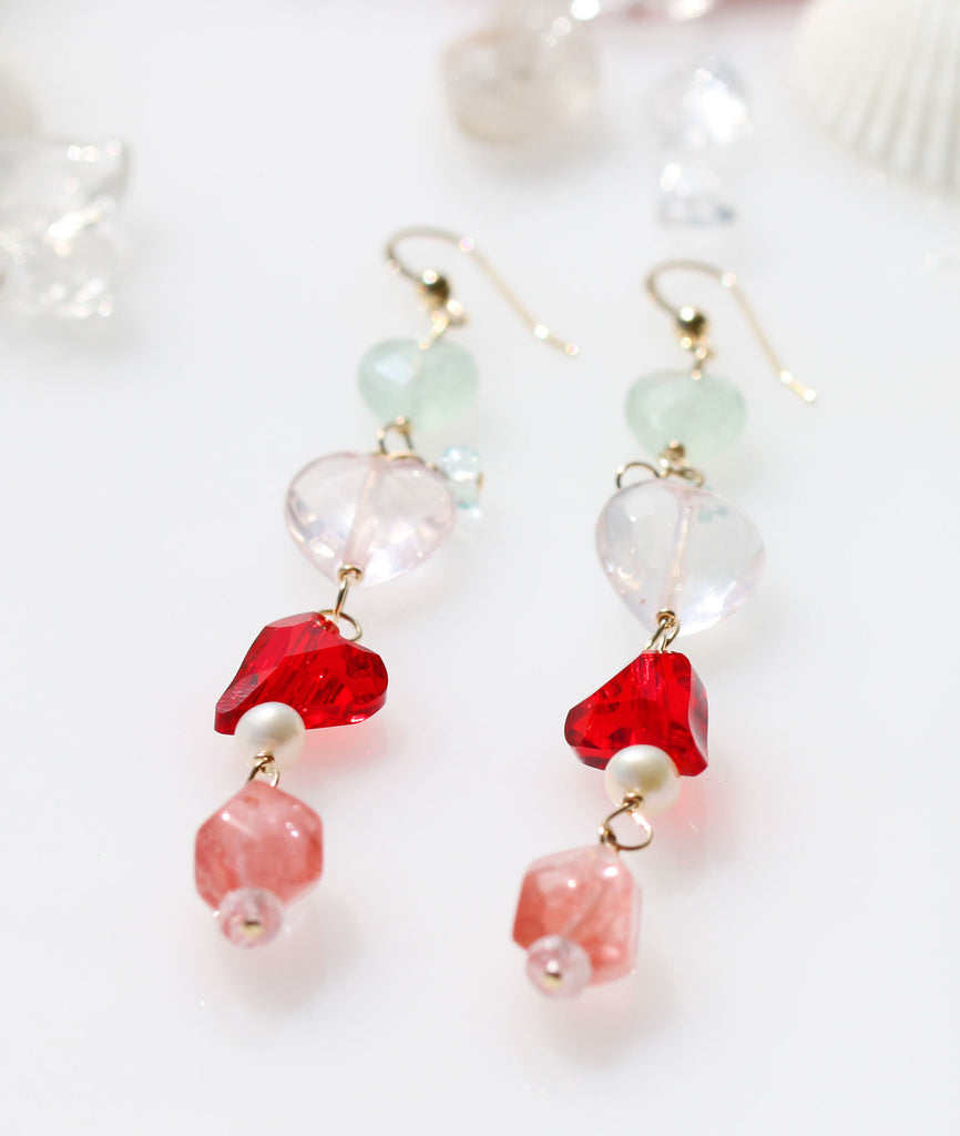 Aquamarin and Rosequartz Heart　ermaid earrings☆アクアマリンとローズクォーツのハートマーメイドピアス