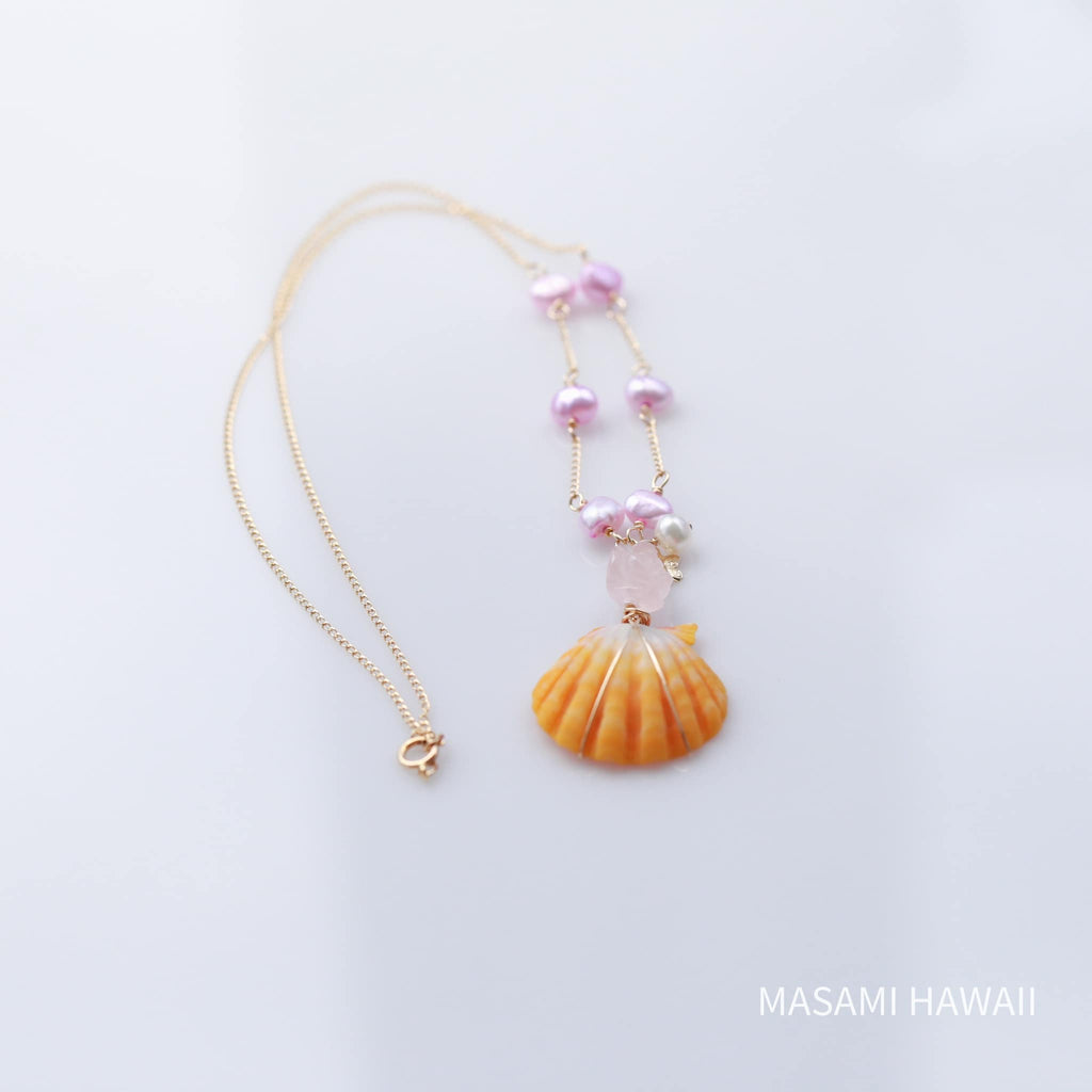 Hawaiian Sunriseshell pink rose mermaid necklace☆ハワイのサンライズシェルとピンクローズのマーメイドネックレス