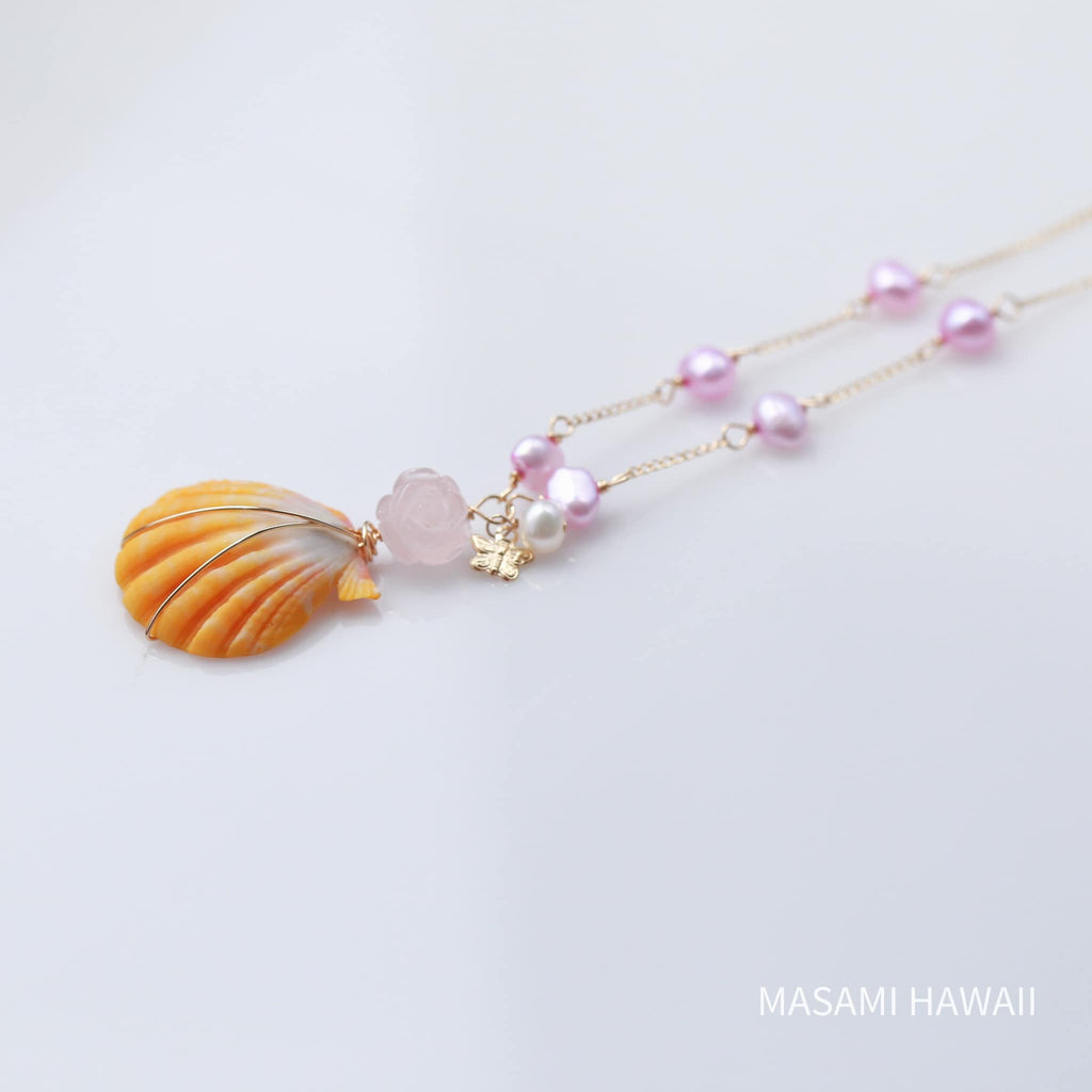 Hawaiian Sunriseshell pink rose mermaid necklace☆ハワイのサンライズシェルとピンクローズのマーメイドネックレス