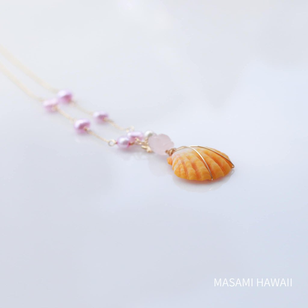 Hawaiian Sunriseshell pink rose mermaid necklace☆ハワイのサンライズシェルとピンクローズのマーメイドネックレス