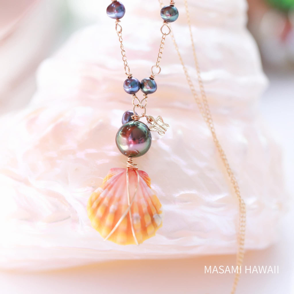 Hawaiian Sunriseshell tahitian pearl mermaid necklace☆ハワイのサンライズシェルとタヒチアンパールのマーメイドネックレス