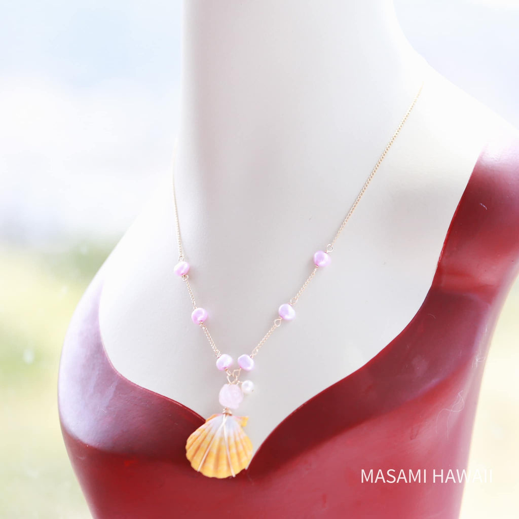 Hawaiian Sunriseshell pink rose mermaid necklace☆ハワイのサンライズシェルとピンクローズのマーメイドネックレス