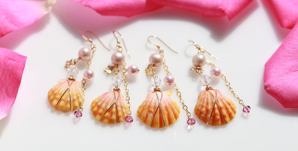 Happy pink wedding sunriseshell mermaid earrings1☆ハッピー☆ピンクウェディング☆サンライズシェルのマーメイドピアス１