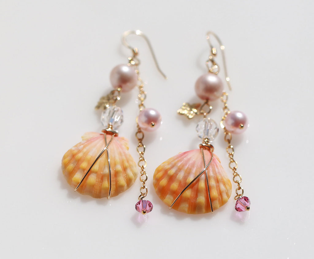 Happy pink wedding sunriseshell mermaid earrings1☆ハッピー☆ピンクウェディング☆サンライズシェルのマーメイドピアス１