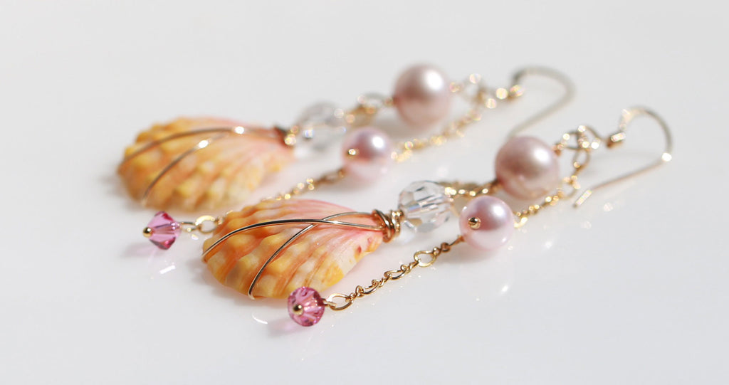 Happy pink wedding sunriseshell mermaid earrings1☆ハッピー☆ピンクウェディング☆サンライズシェルのマーメイドピアス１