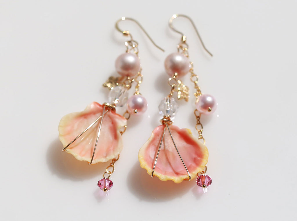 Happy pink wedding sunriseshell mermaid earrings1☆ハッピー☆ピンクウェディング☆サンライズシェルのマーメイドピアス１