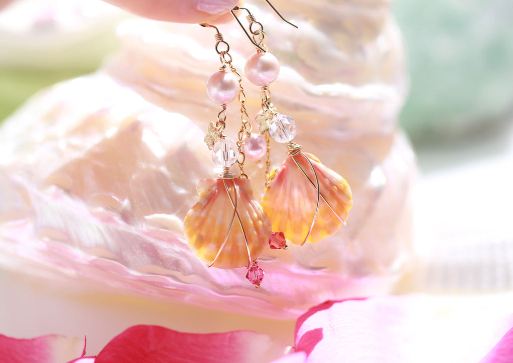 Happy pink wedding sunriseshell mermaid earrings1☆ハッピー☆ピンクウェディング☆サンライズシェルのマーメイドピアス１