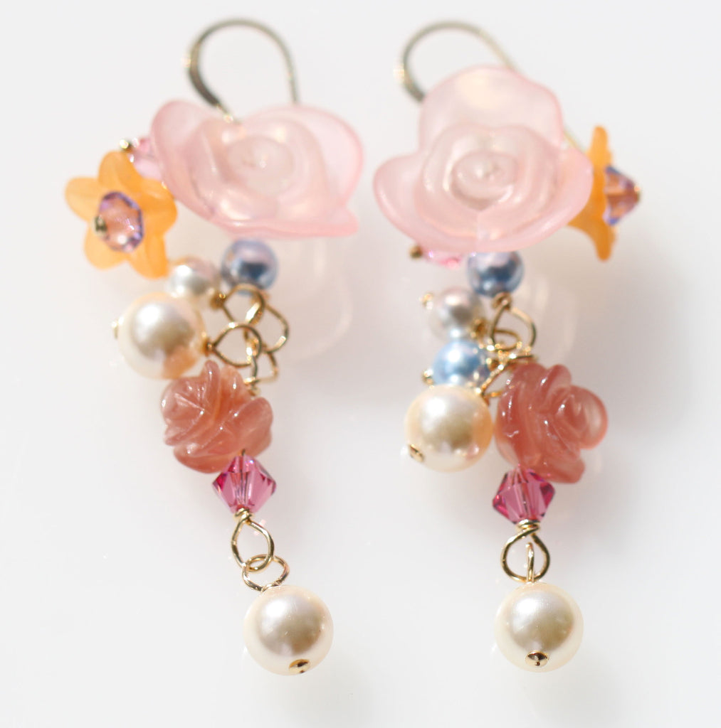Pink rose and rhodochrosite fairy Mermaid Vegan earrings☆ピンクローズ☆インカローズ☆フェアリー☆マーメイドヴィーガンピアス